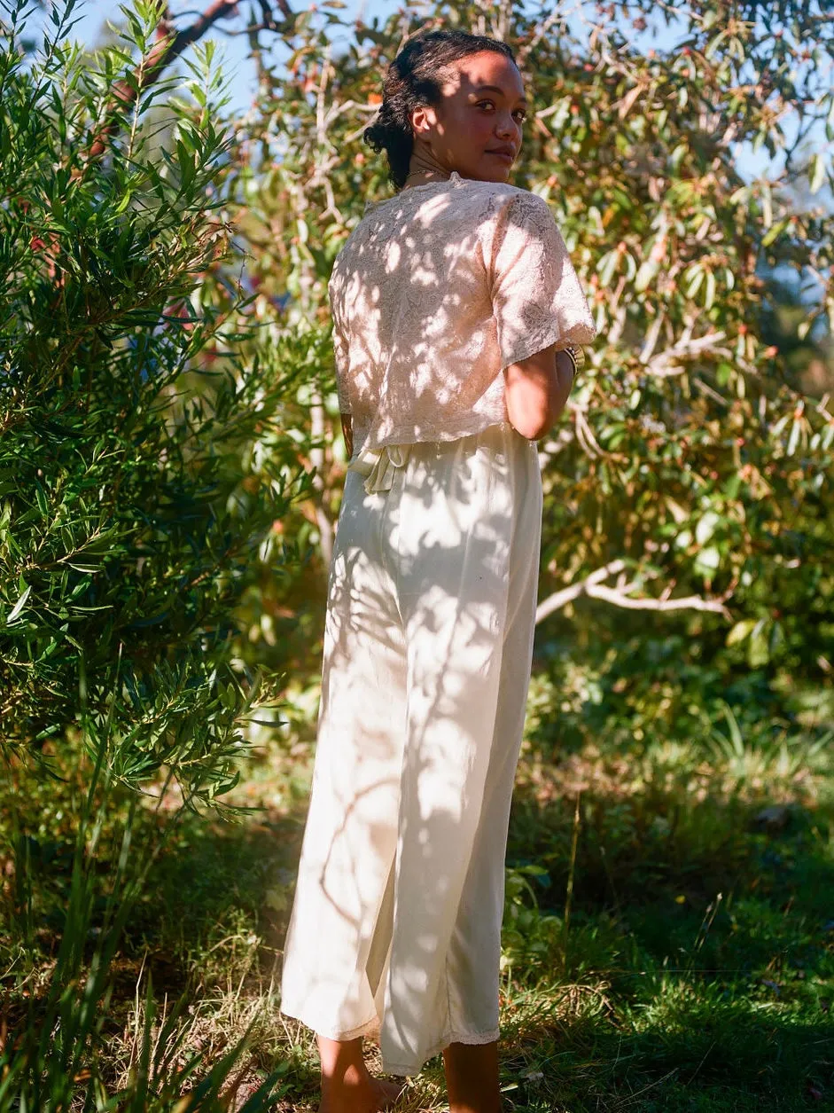 1920s/1930s 2 Piece Pale Sage Silk Palazzo Pant & Lace Ribbonwork Bolero Lounge/Beach Pajamas Set