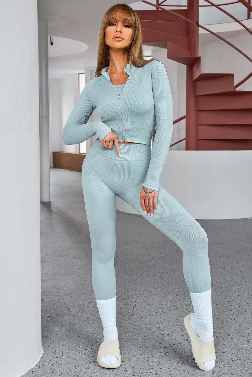 3 PC Cropped Active Top and Leggings Set