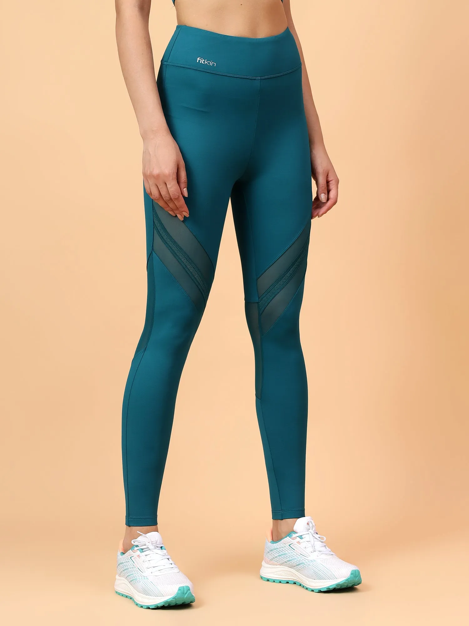 Fitkin Women's Teal Green Front Lace Panel Detail Tights