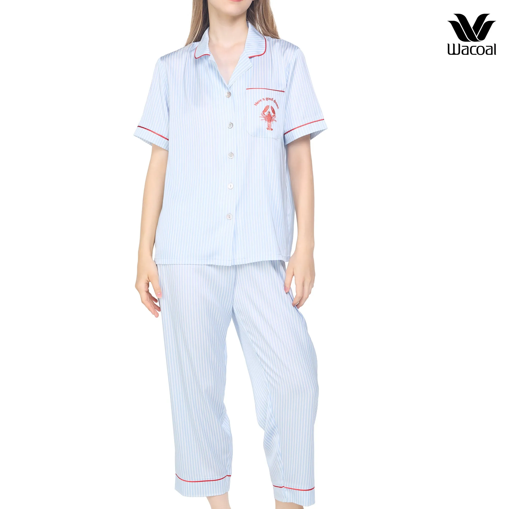 Wacoal Sleep wear ชุดนอนเสื้อแขนสั้น กางเกงขาสั้น ลายปัก Lobster รุ่น WN7E53 สีฟ้า (SX)